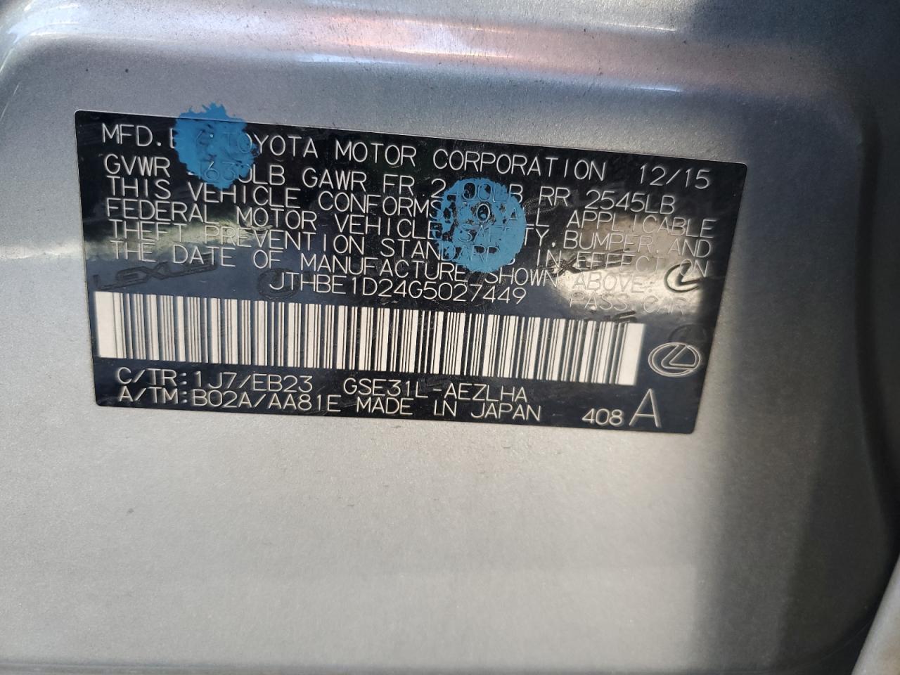 2016 Lexus Is 350 VIN: JTHBE1D24G5027449 Lot: 90014375