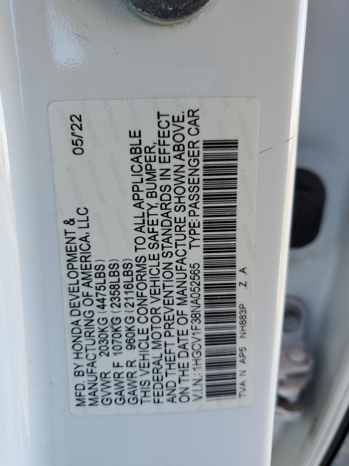 2022 Honda Accord Sport VIN: 1HGCV1F38NA052565 Lot: 82625955