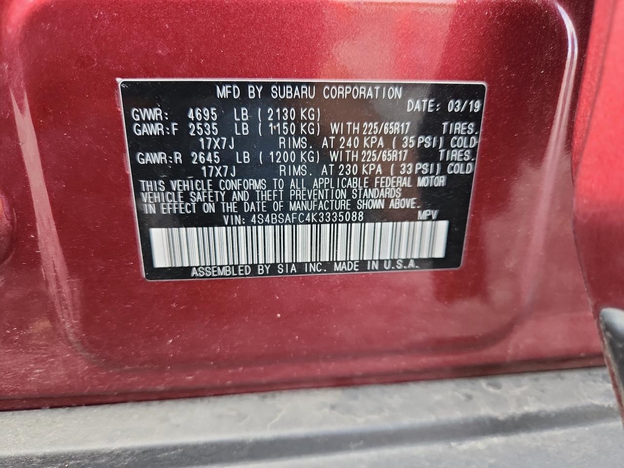 2019 Subaru Outback 2.5I Premium VIN: 4S4BSAFC4K3335088 Lot: 86279395