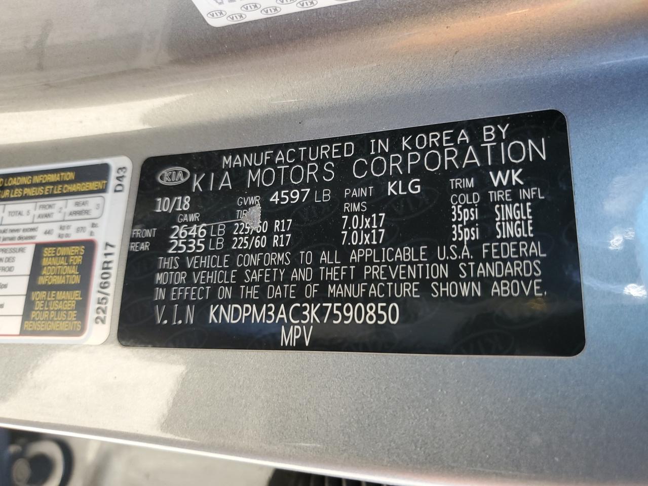 2019 Kia Sportage Lx VIN: KNDPM3AC3K7590850 Lot: 86131405