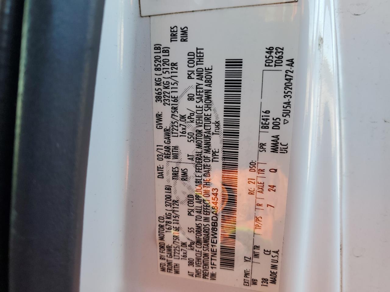 2011 Ford E150 Delivery Van VIN: 1FTNE1EW8BDA84543 Lot: 87282315