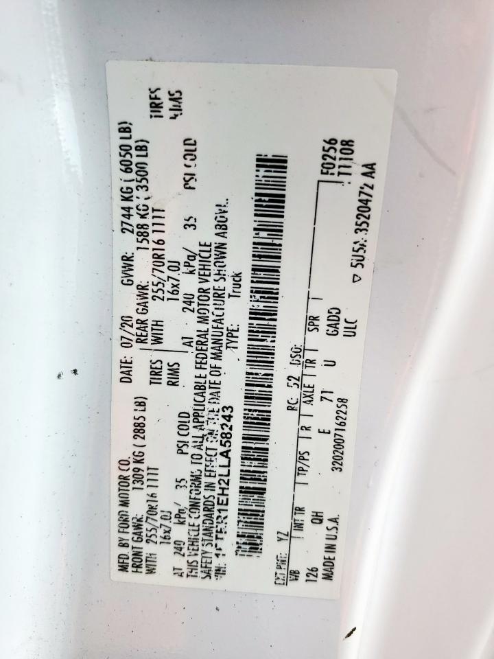 2020 Ford Ranger Xl VIN: 1FTER1EH2LLA58243 Lot: 82493095