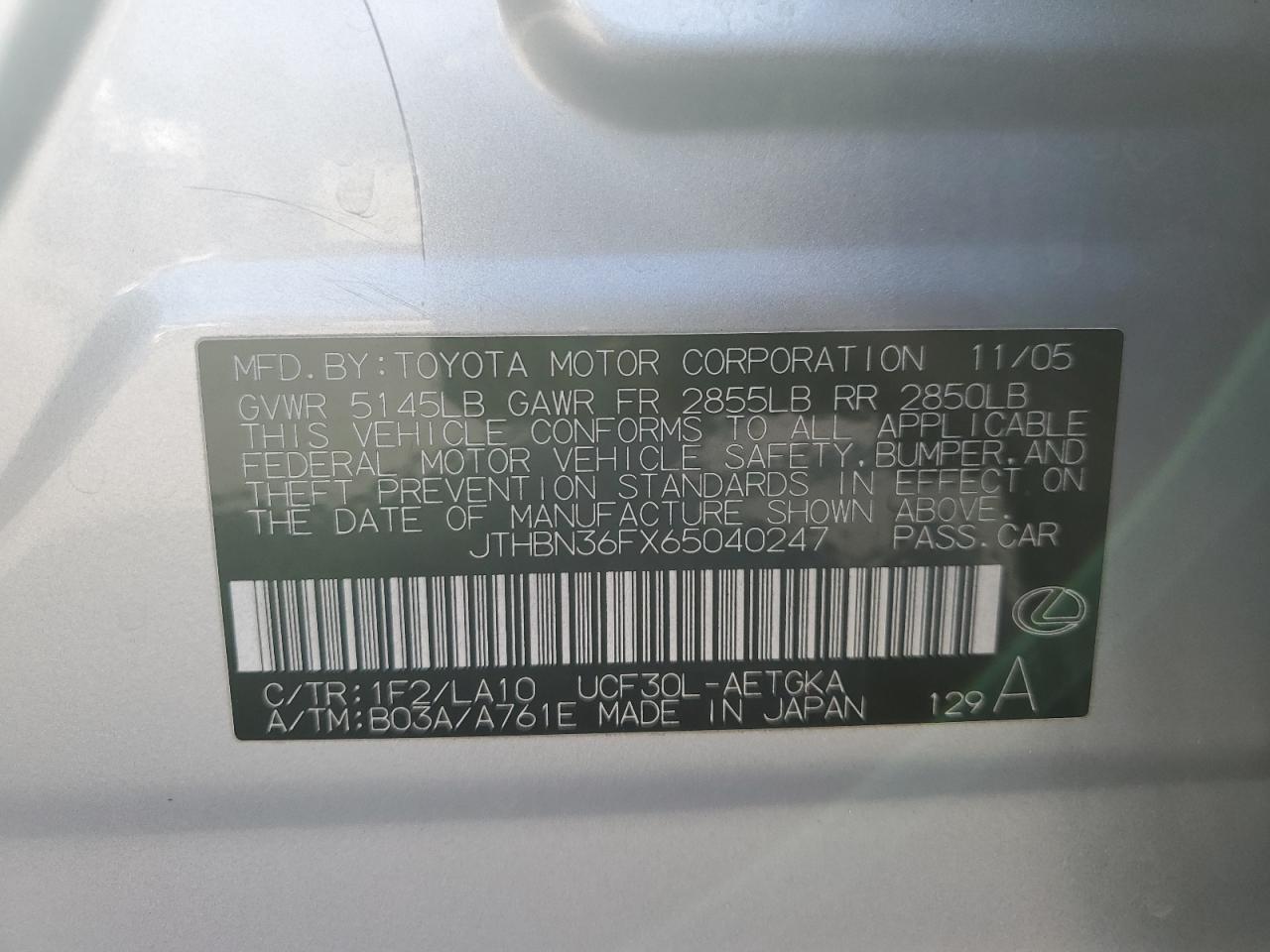 2006 Lexus Ls 430 VIN: JTHBN36FX65040247 Lot: 85148665