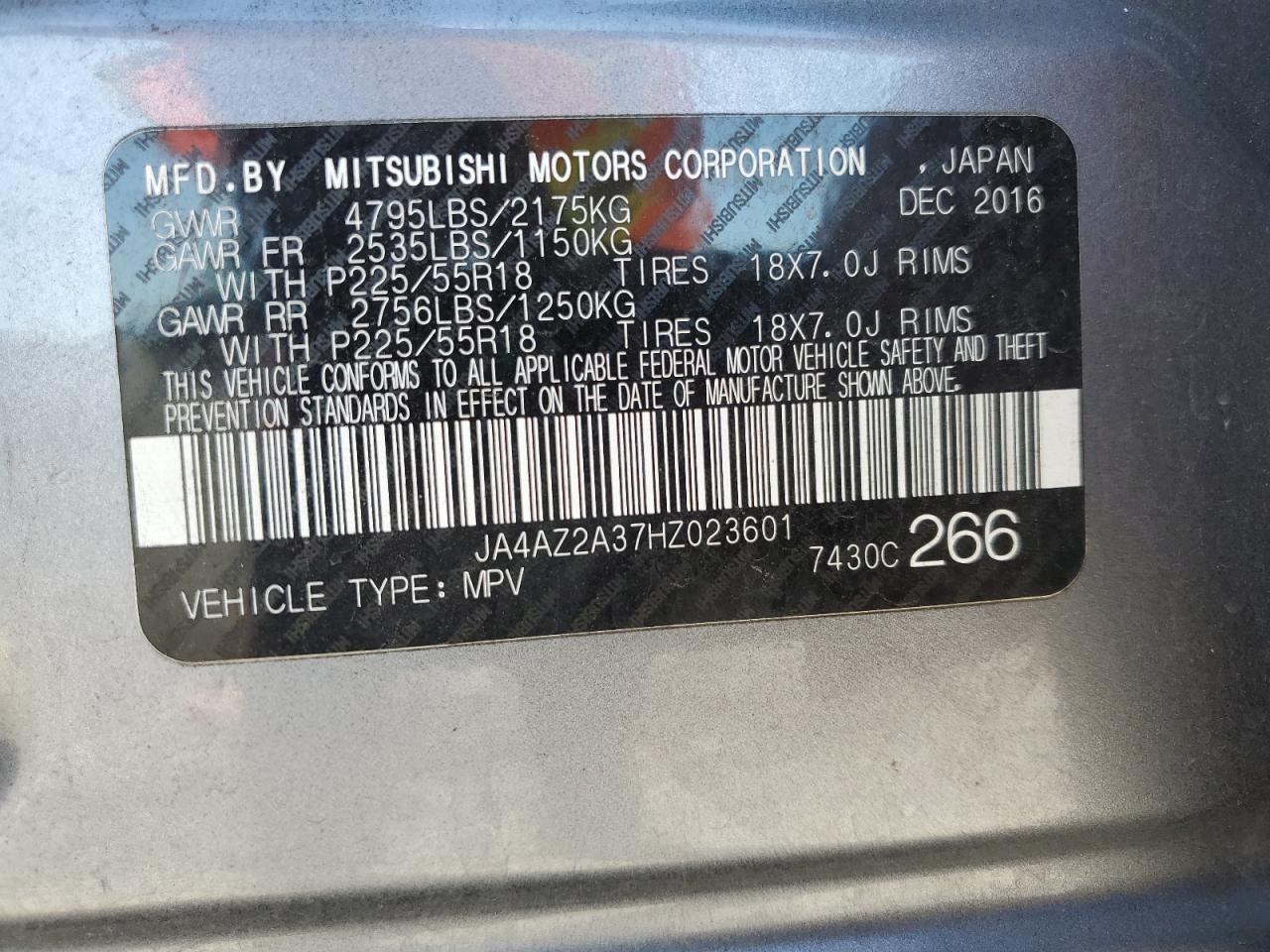 2017 Mitsubishi Outlander Es VIN: JA4AZ2A37HZ023601 Lot: 86717855