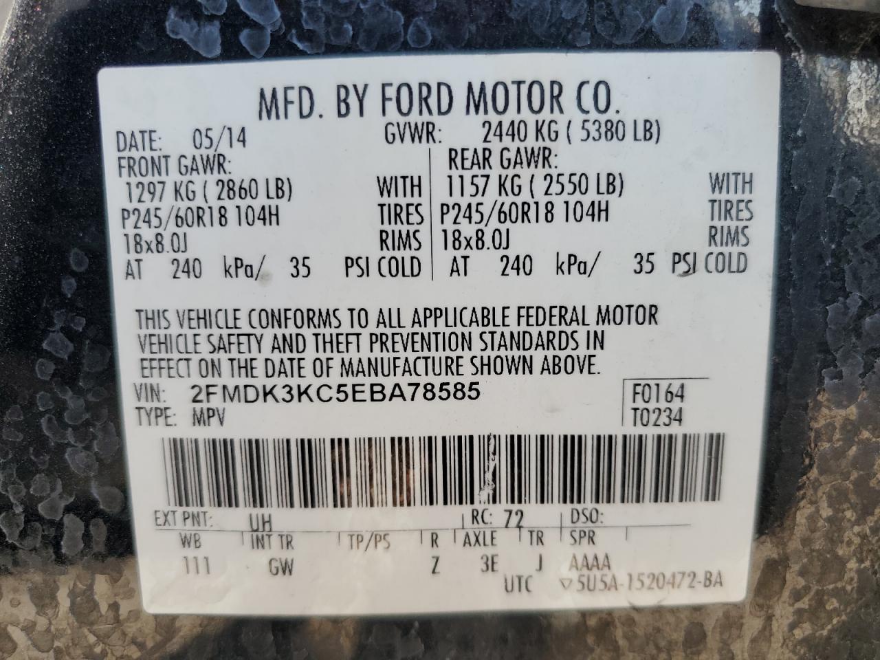 2014 Ford Edge Limited VIN: 2FMDK3KC5EBA78585 Lot: 87245155