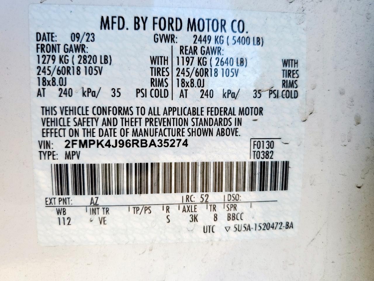 2024 Ford Edge Sel VIN: 2FMPK4J96RBA35274 Lot: 82417715