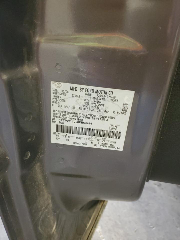 2008 Ford F150 Supercrew VIN: 1FTPW14V28FB63444 Lot: 85290995
