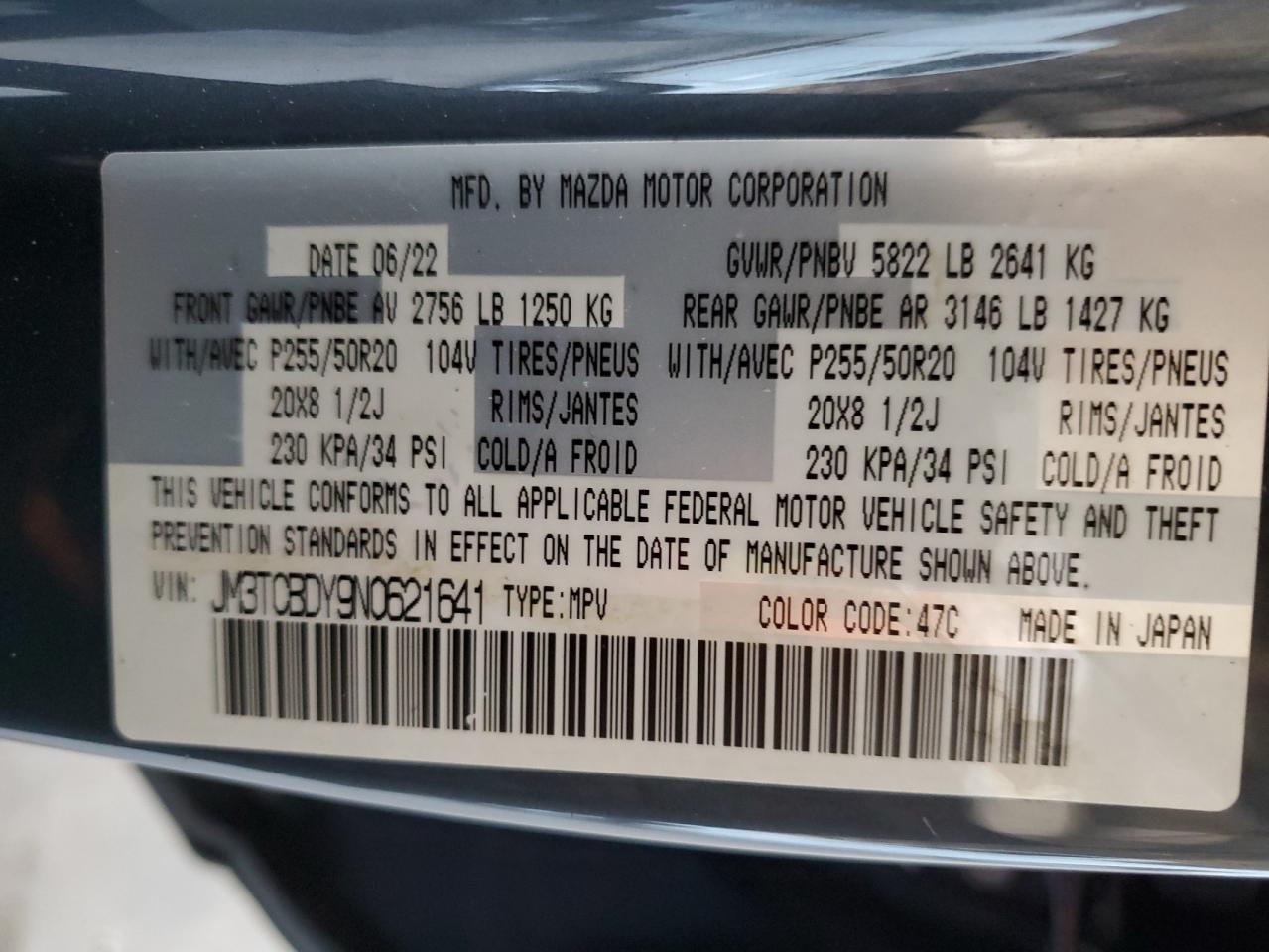 2022 Mazda Cx-9 Grand Touring VIN: JM3TCBDY9N0621641 Lot: 82271875
