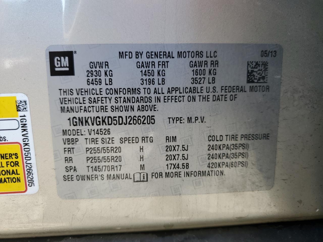 2013 Chevrolet Traverse Lt VIN: 1GNKVGKD5DJ266205 Lot: 86440785