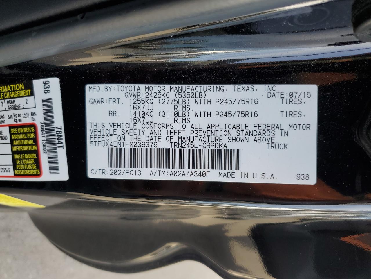 2015 Toyota Tacoma Access Cab VIN: 5TFUX4EN1FX039379 Lot: 85284395