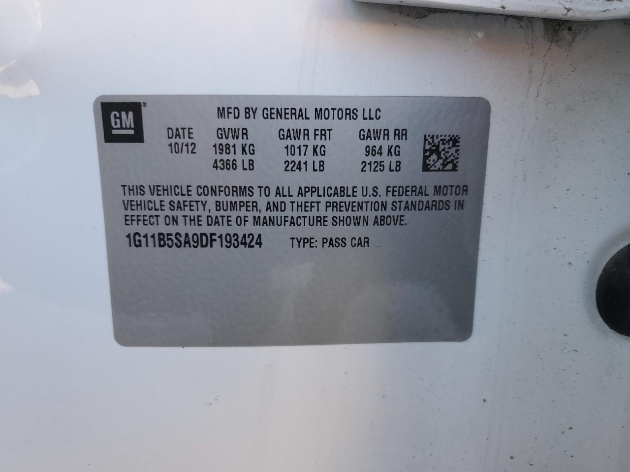 2013 Chevrolet Malibu Ls VIN: 1G11B5SA9DF193424 Lot: 85651885