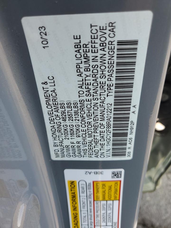 2024 Honda Accord Touring Hybrid VIN: 1HGCY2F88RA012212 Lot: 82380175