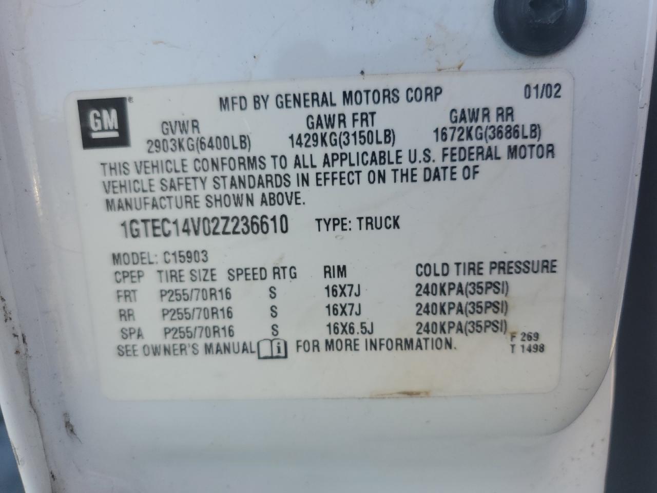 2002 GMC New Sierra C1500 VIN: 1GTEC14V02Z236610 Lot: 86432075