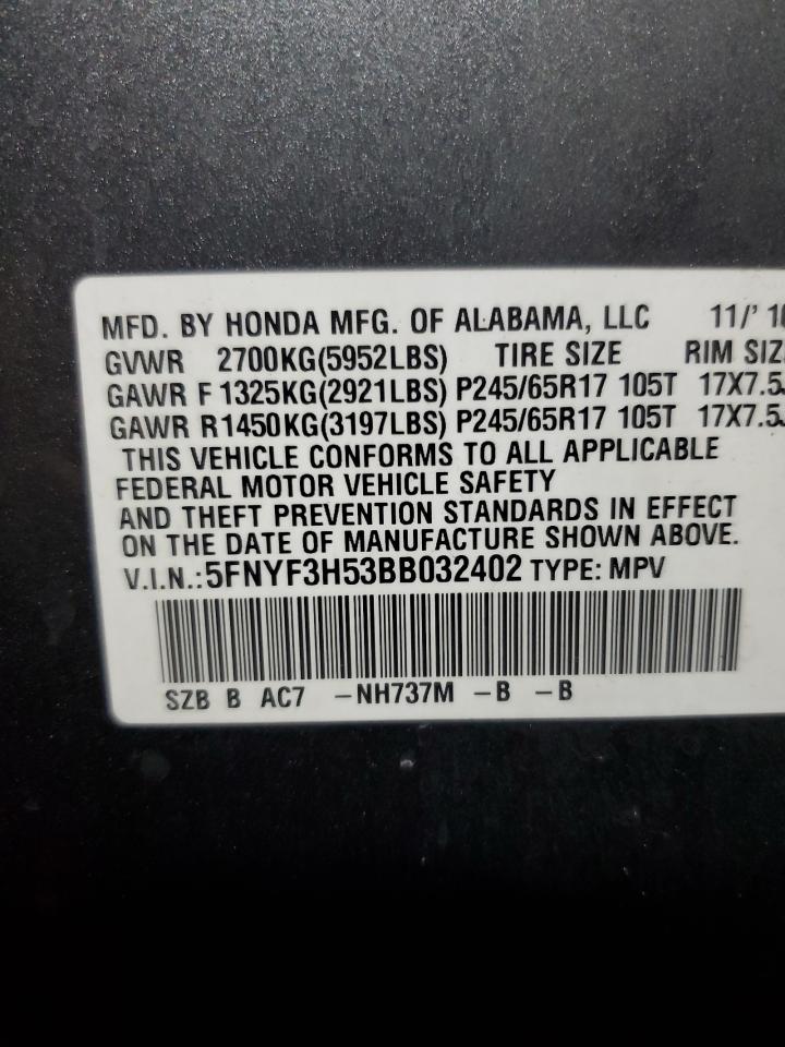 2011 Honda Pilot Exl VIN: 032402 Lot: 85381545
