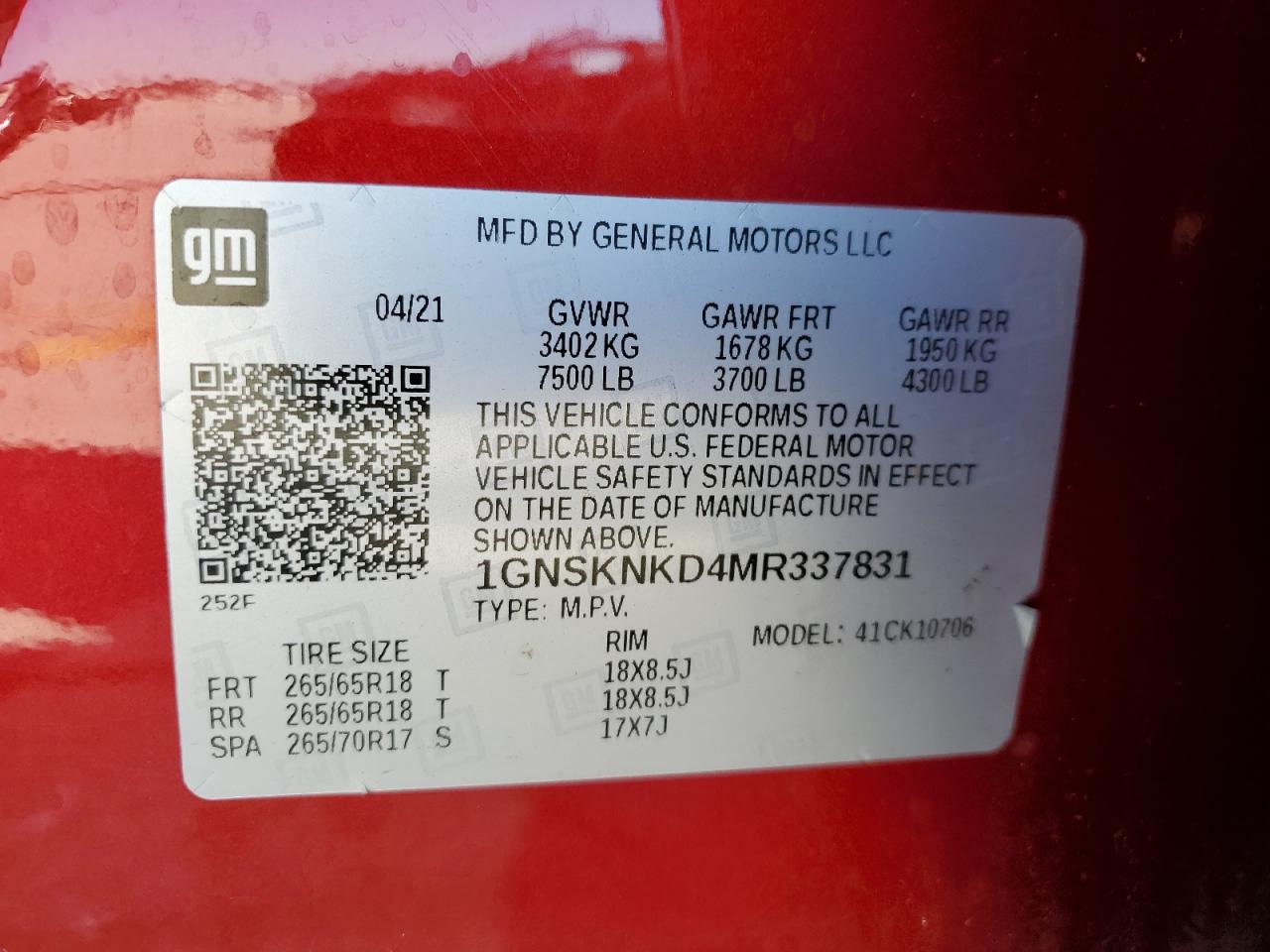 2021 Chevrolet Tahoe K1500 Lt VIN: 1GNSKNKD4MR337831 Lot: 82391495