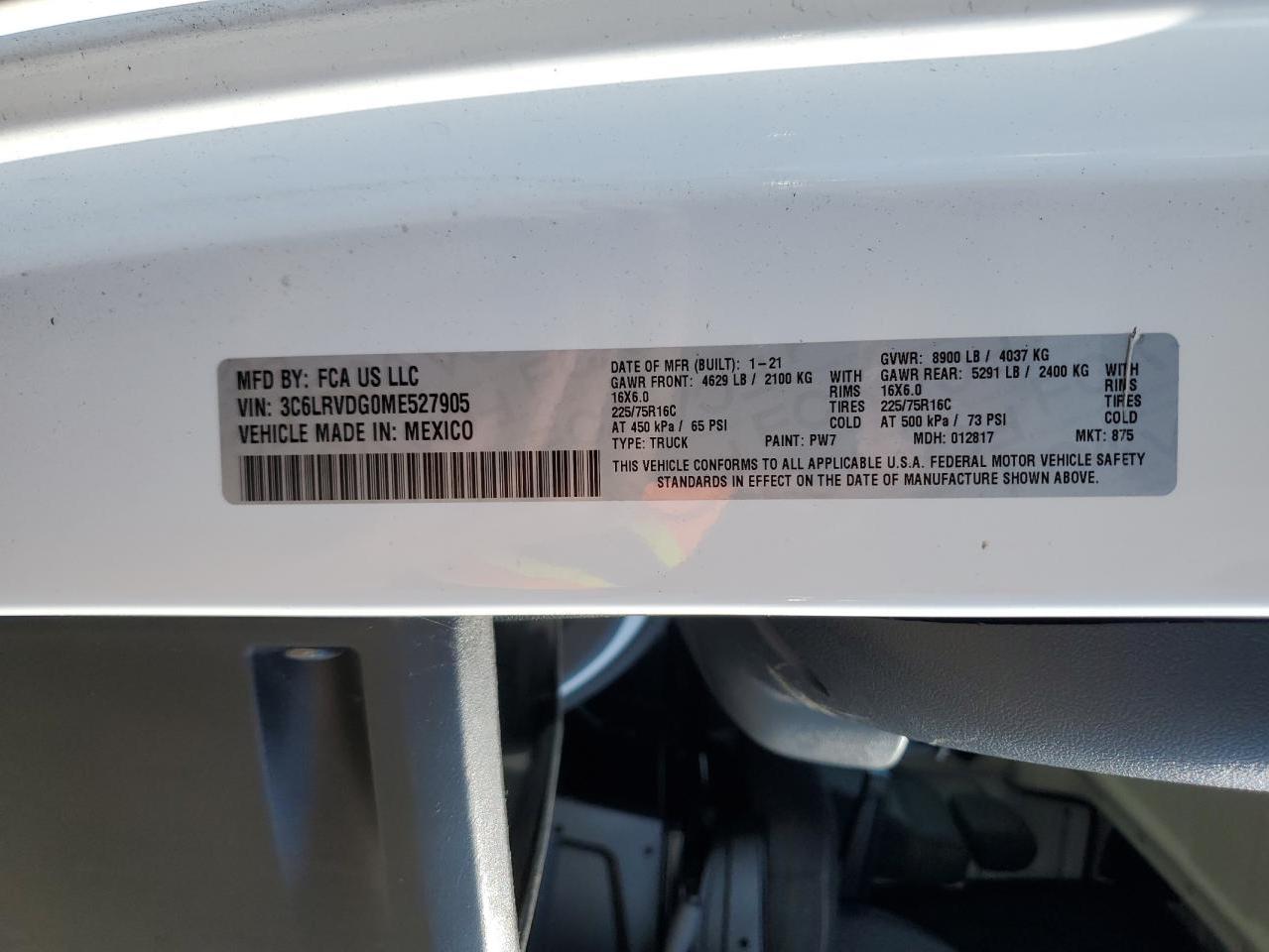 2021 Ram Promaster 2500 2500 High VIN: 3C6LRVDG0ME527905 Lot: 85754355