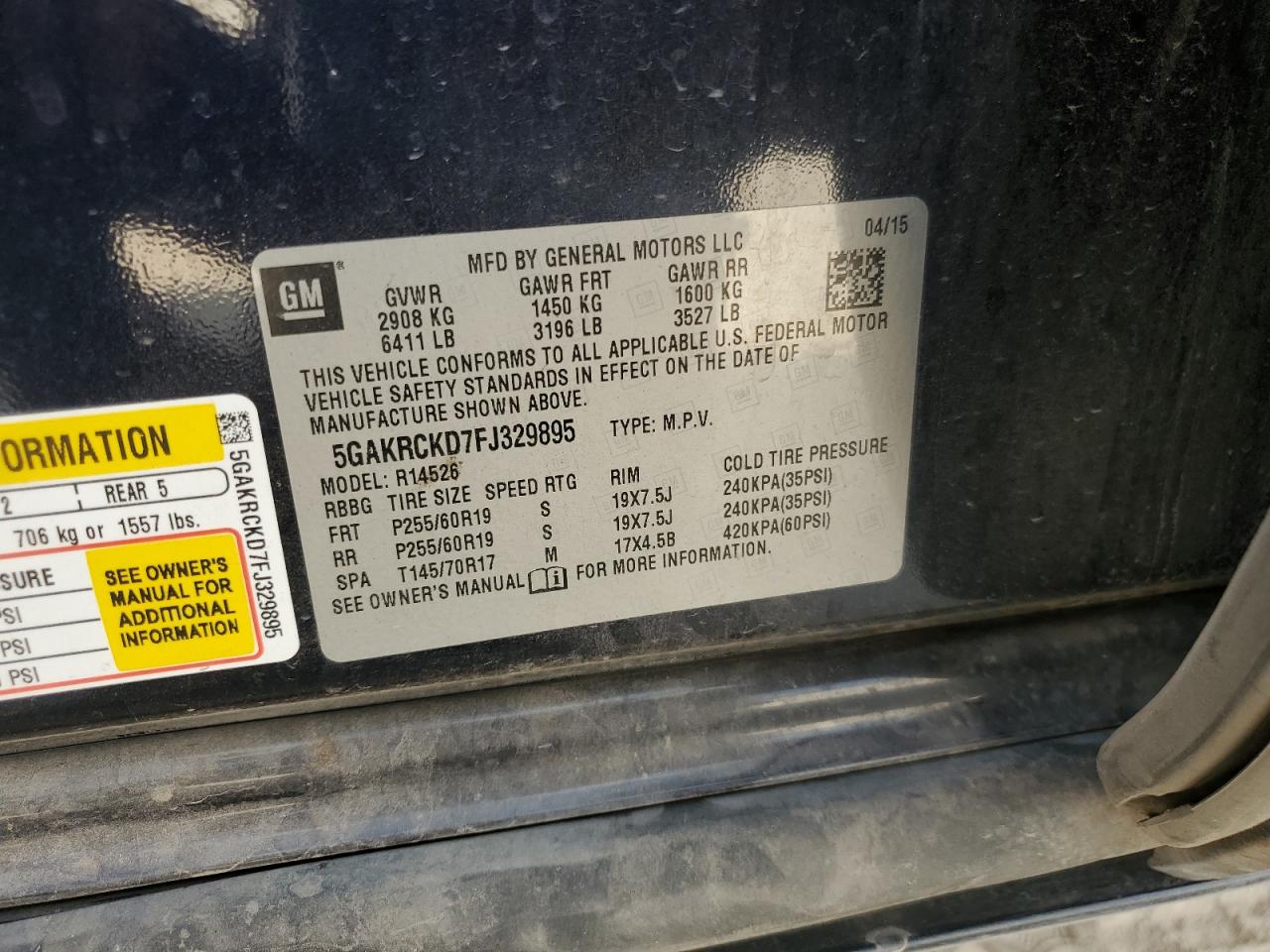 2015 Buick Enclave VIN: 5GAKRCKD7FJ329895 Lot: 82677275