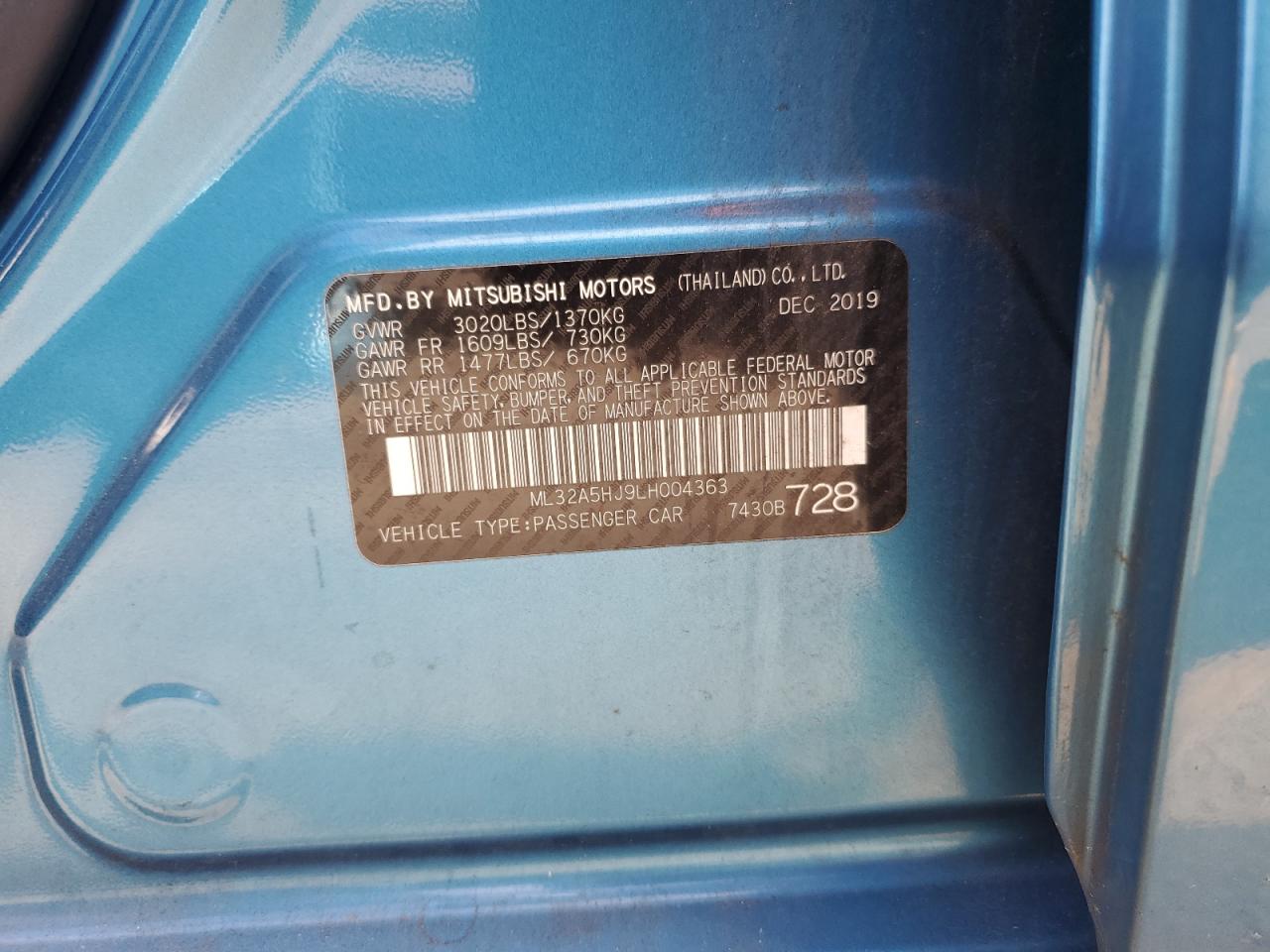 2020 Mitsubishi Mirage Le VIN: ML32A5HJ9LH004363 Lot: 86828285