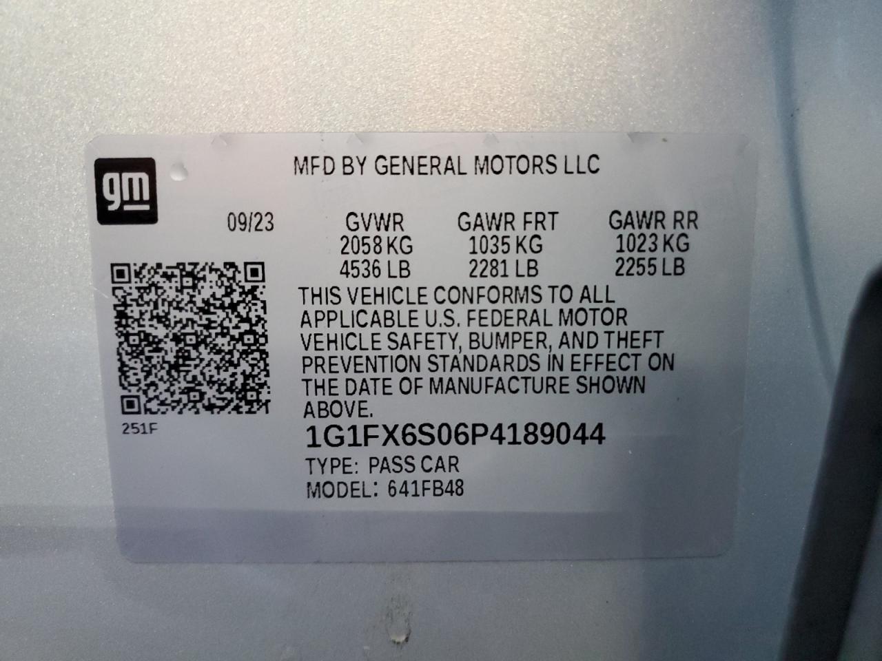 2023 Chevrolet Bolt Ev 2Lt VIN: 1G1FX6S06P4189044 Lot: 86698975