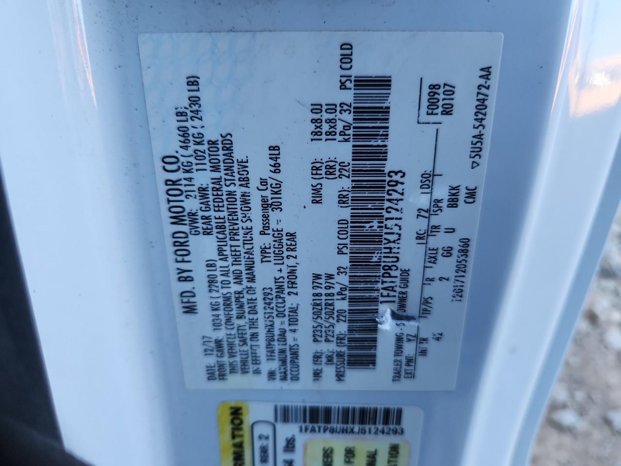 2018 Ford Mustang VIN: 1FATP8UHXJ5124293 Lot: 82556705