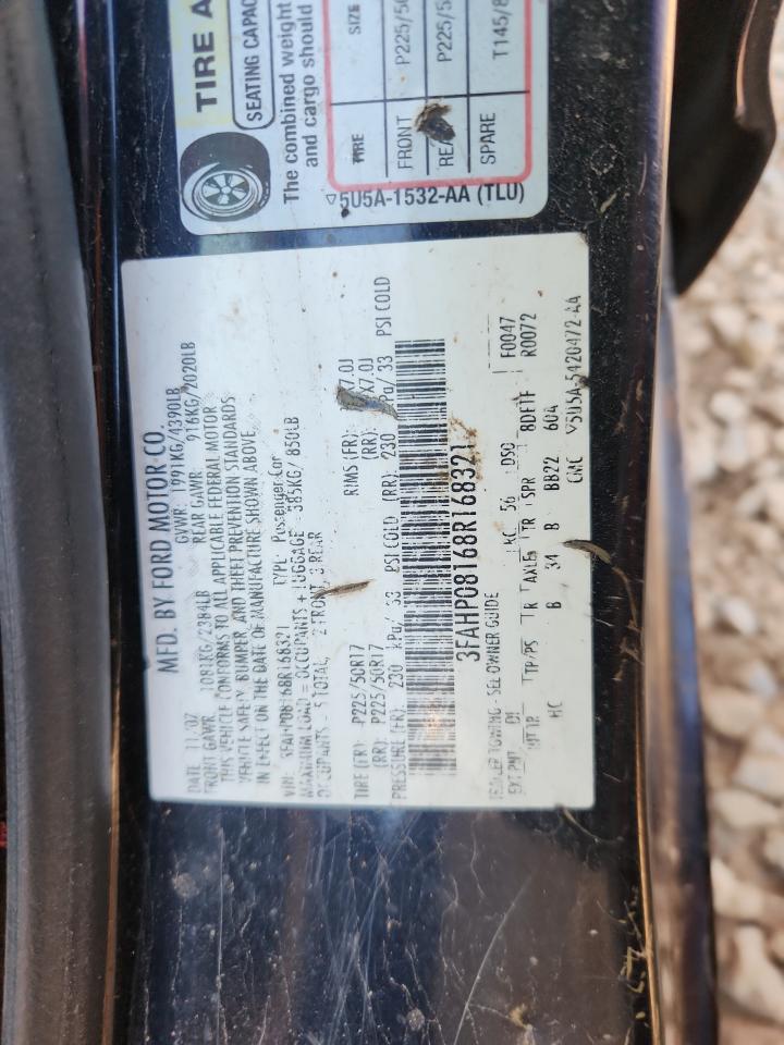 2008 Ford Fusion Sel VIN: 3FAHP08168R168321 Lot: 82376005