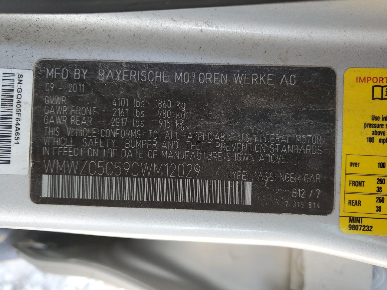 2012 Mini Cooper S Countryman VIN: WMWZC5C59CWM12029 Lot: 90475065