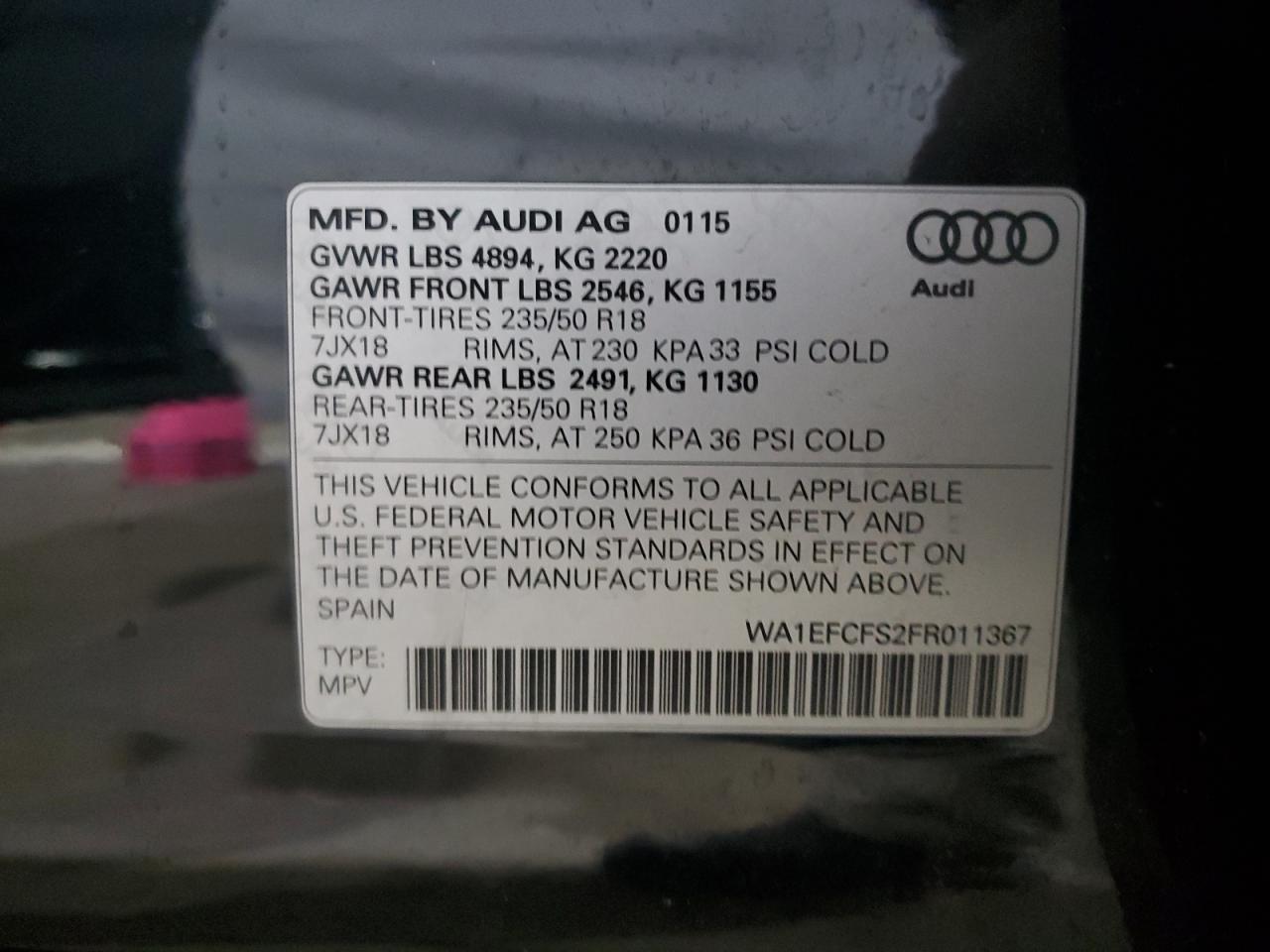 2015 Audi Q3 Premium Plus VIN: WA1EFCFS2FR011367 Lot: 89643645