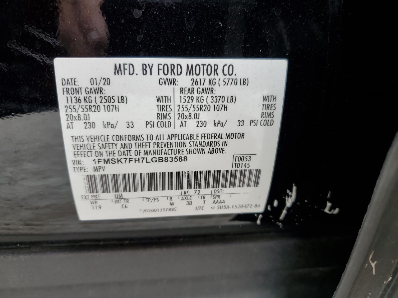 2020 Ford Explorer VIN: 1FMSK7FH7LGB83588 Lot: 85931295