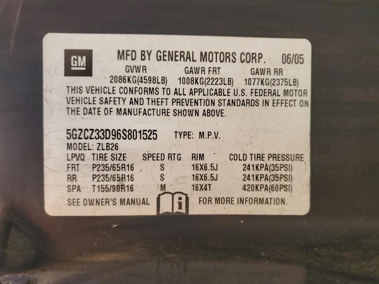 2006 Saturn Vue VIN: 5GZCZ33D96S801525 Lot: 90382325