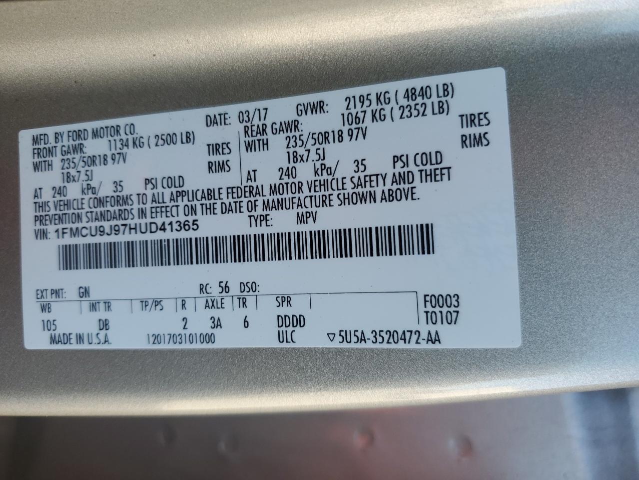 2017 Ford Escape Titanium VIN: 1FMCU9J97HUD41365 Lot: 84435825