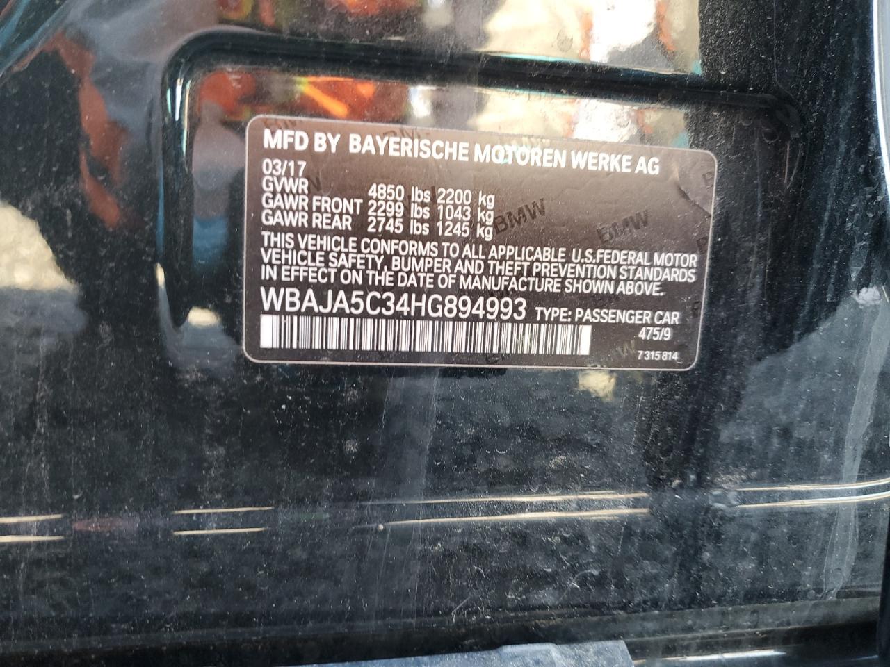 2017 BMW 530 I VIN: WBAJA5C34HG894993 Lot: 81071875