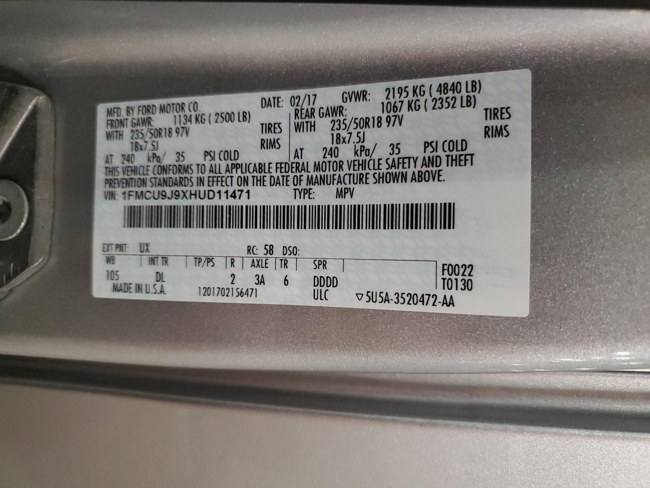 2017 Ford Escape Titanium VIN: 1FMCU9J9XHUD11471 Lot: 87468515