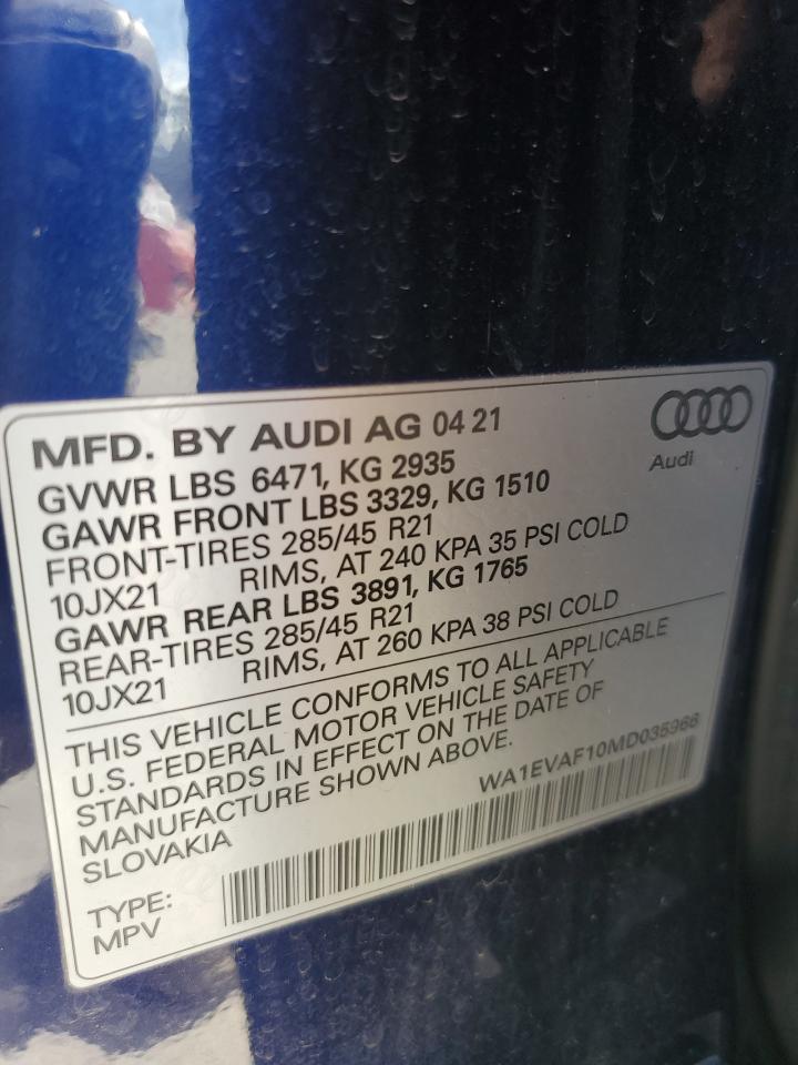 2021 Audi Q8 Premium Plus S-Line VIN: WA1EVAF10MD035966 Lot: 84903825