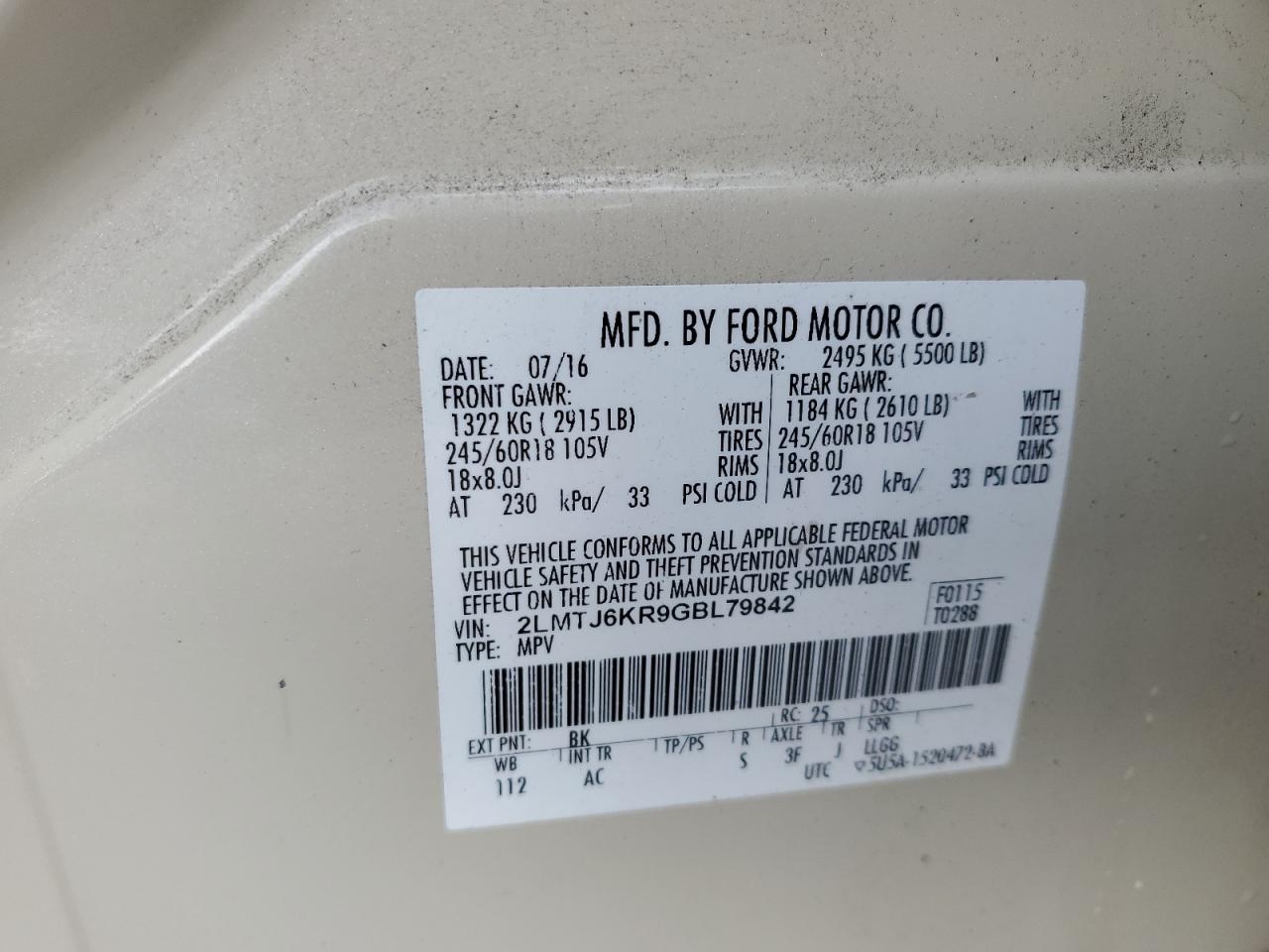 2016 Lincoln Mkx Select VIN: 2LMTJ6KR9GBL79842 Lot: 85341855