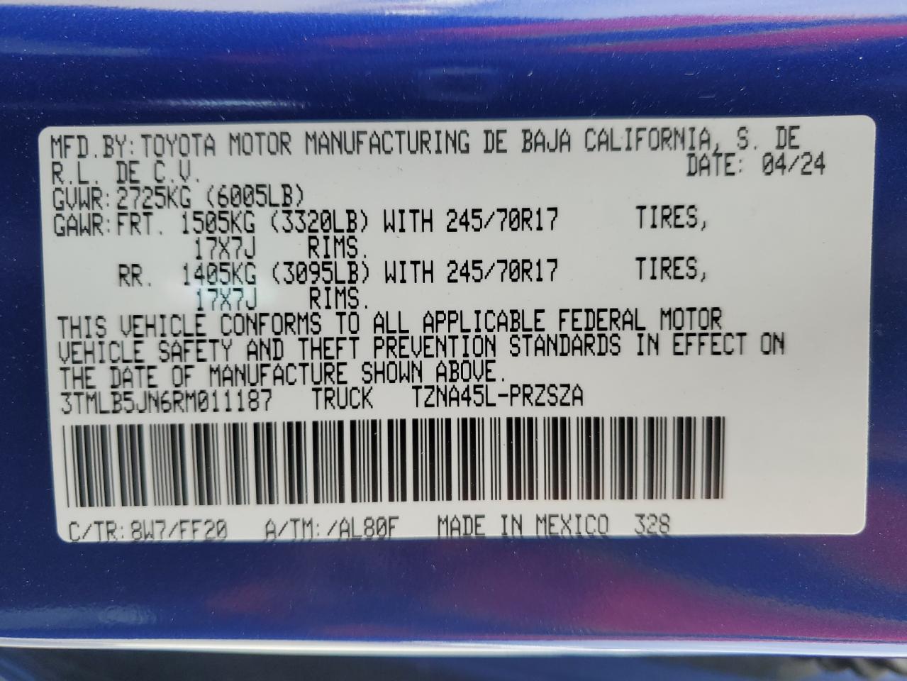 2024 Toyota Tacoma Double Cab VIN: 3TMLB5JN6RM011187 Lot: 85856865