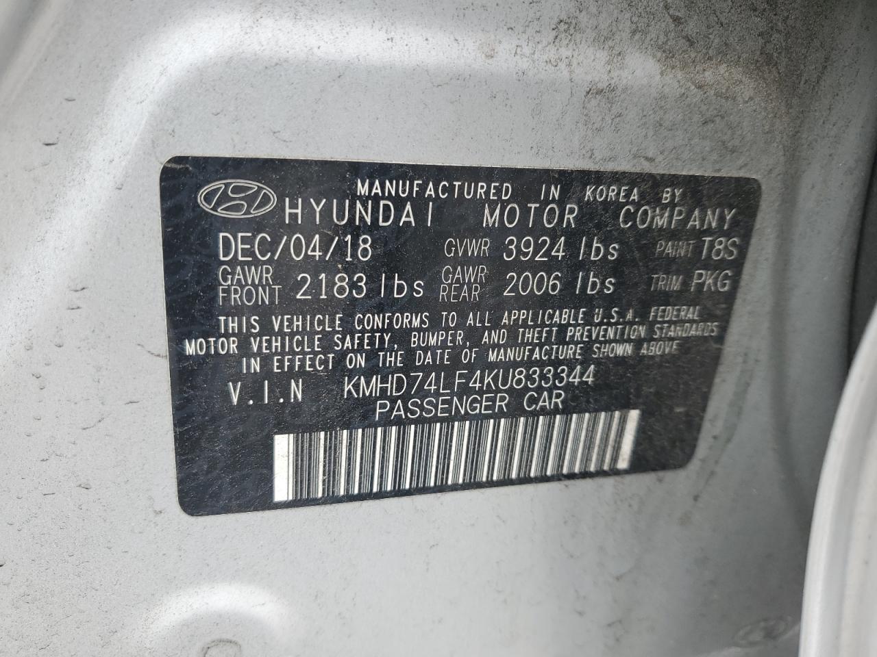 2019 Hyundai Elantra Se VIN: KMHD74LF4KU833344 Lot: 82417605