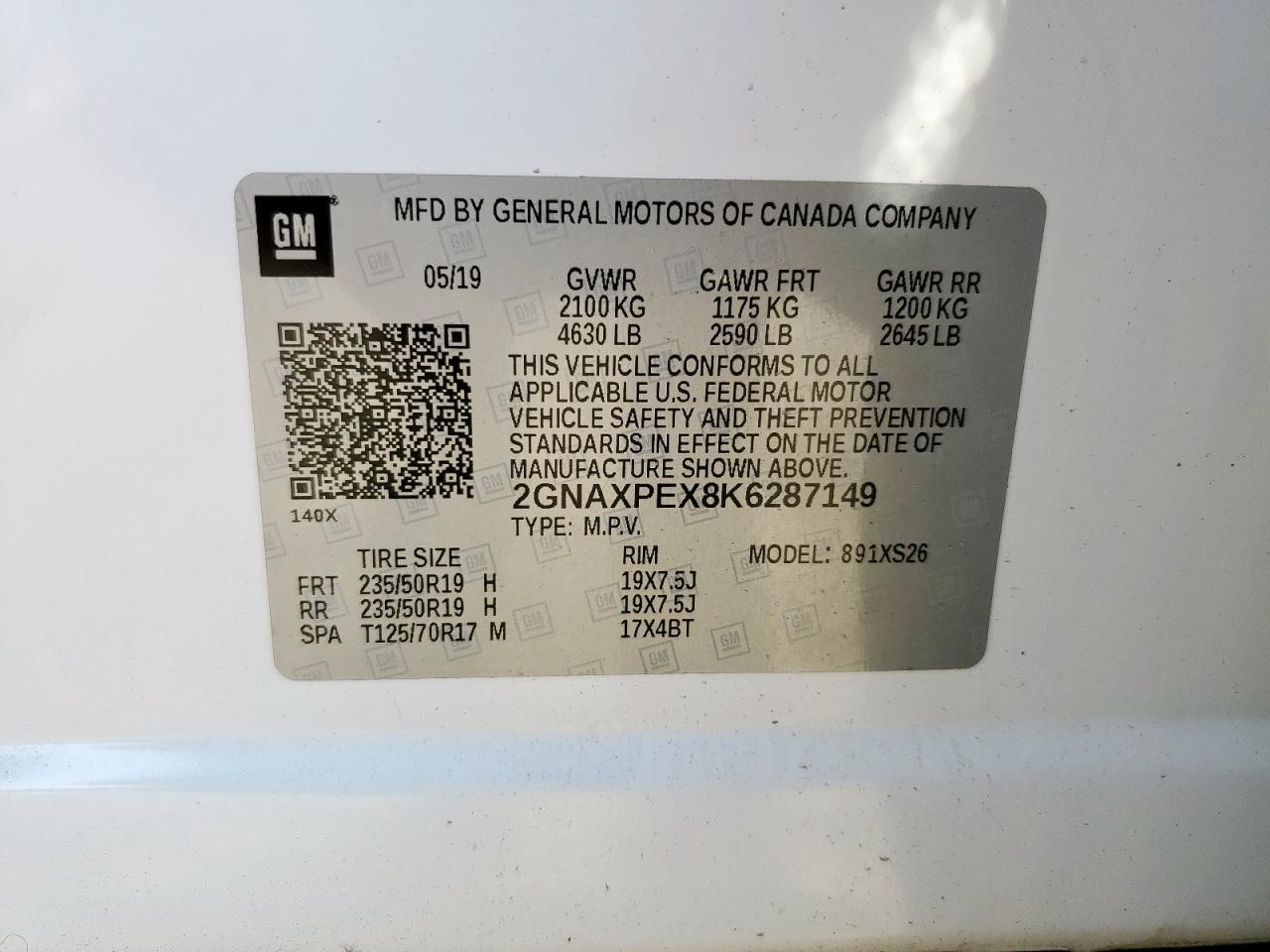 2019 Chevrolet Equinox Premier VIN: 2GNAXPEX8K6287149 Lot: 84732205