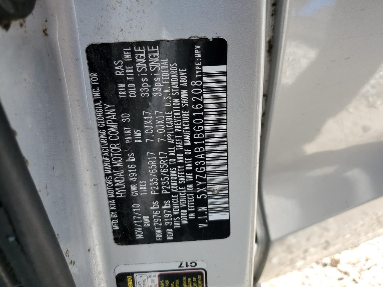 2011 Hyundai Santa Fe Gls VIN: 5XYZG3AB1BG016208 Lot: 84919395