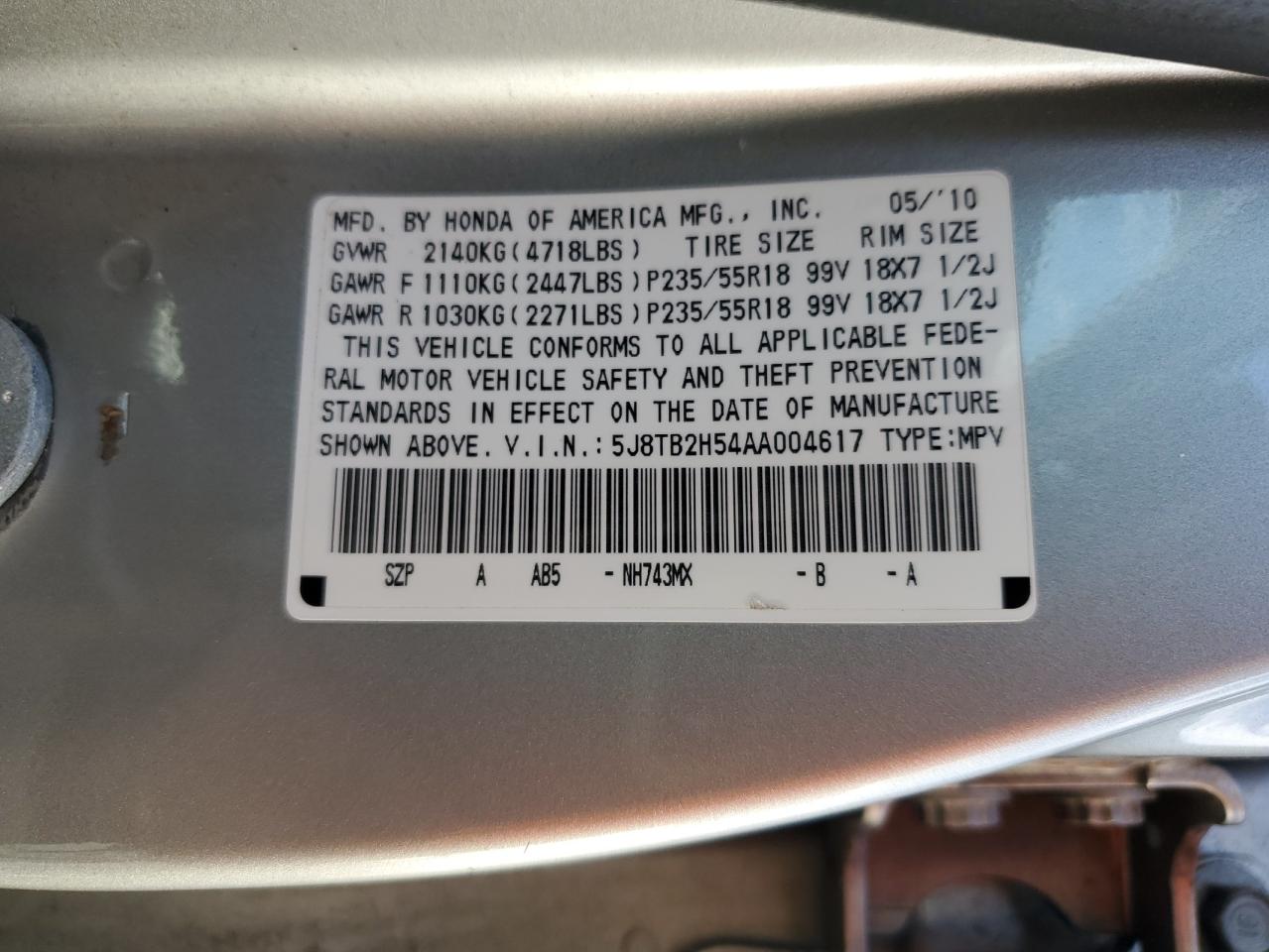 2010 Acura Rdx Technology VIN: 5J8TB2H54AA004617 Lot: 91103295