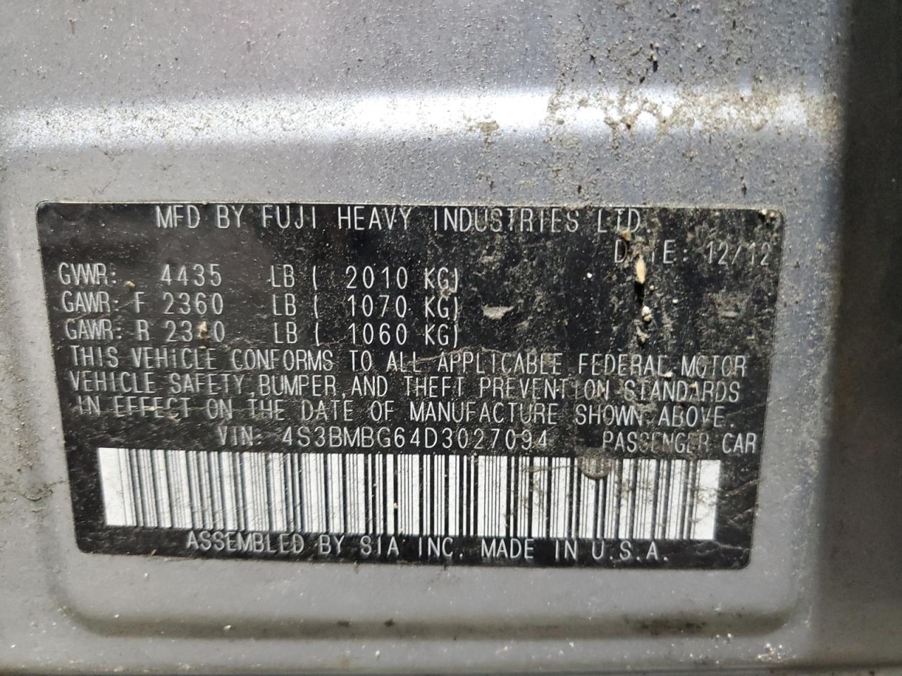 2013 Subaru Legacy 2.5I Premium VIN: 4S3BMBG64D3027094 Lot: 86104085