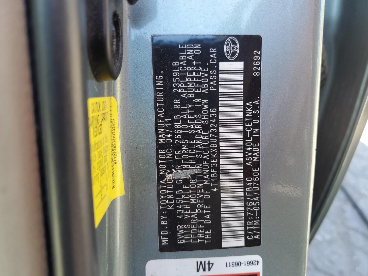 2011 Toyota Camry Base VIN: 4T1BF3EKXBU732436 Lot: 84905705