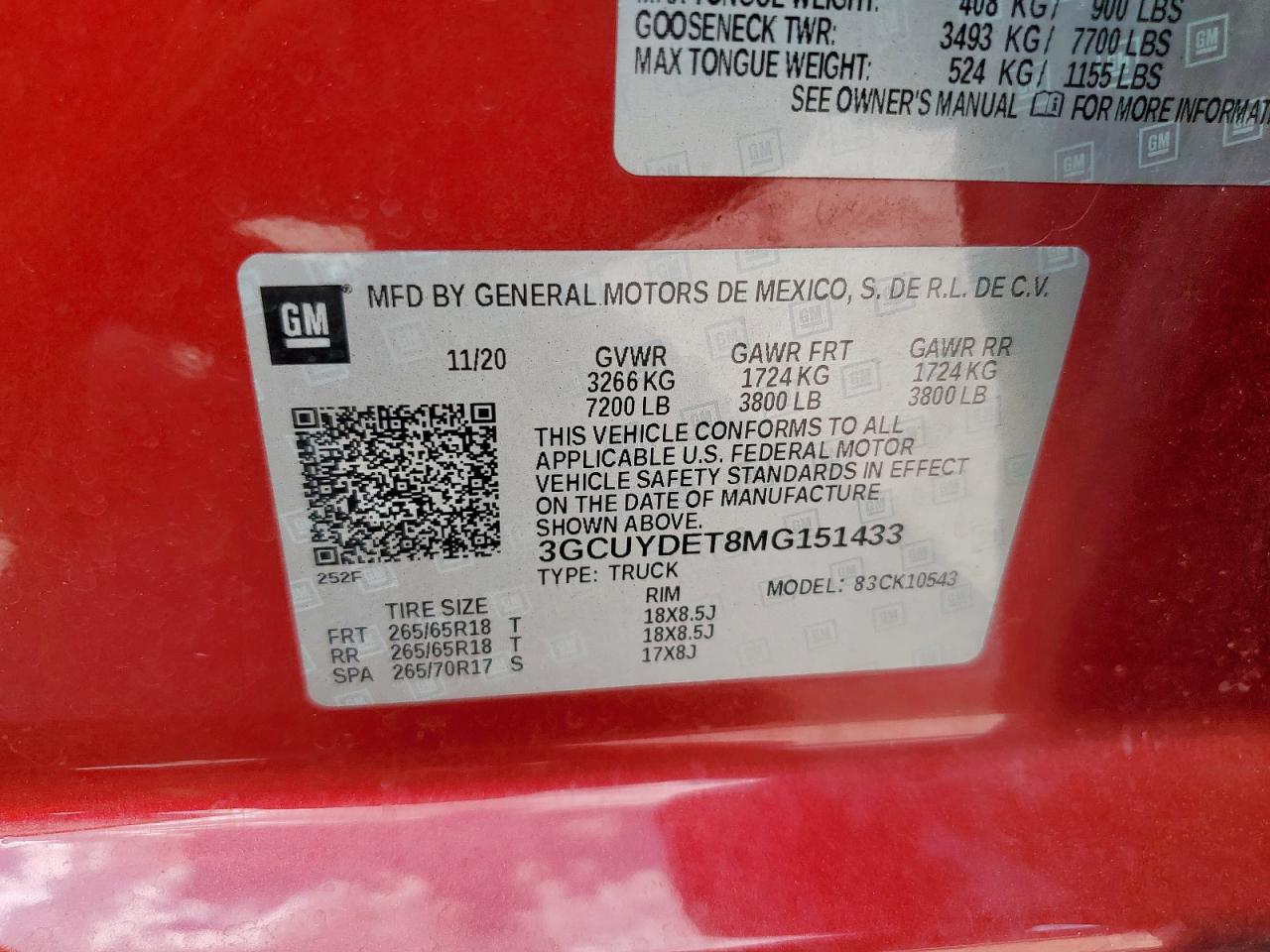 2021 Chevrolet Silverado K1500 Lt VIN: 3GCUYDET8MG151433 Lot: 85320495