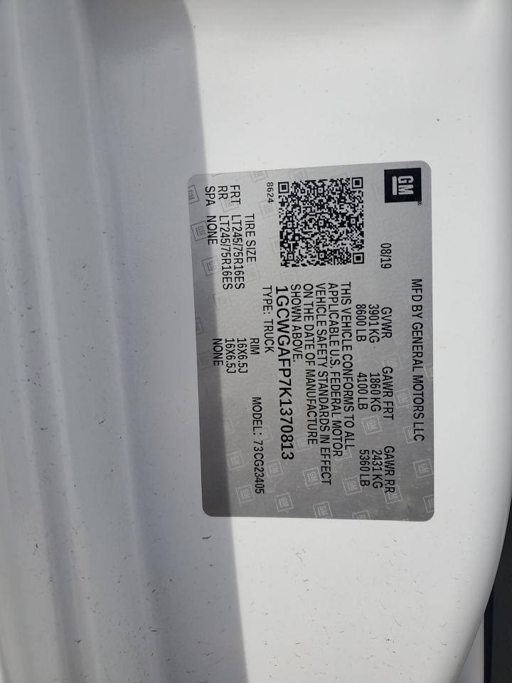 2019 Chevrolet Express G2500 VIN: 1GCWGAFP7K1370813 Lot: 89857575