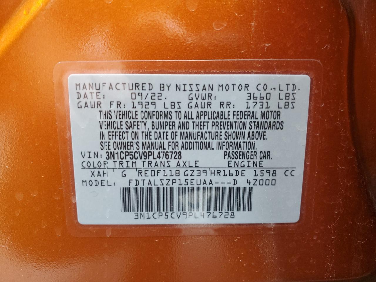 2023 Nissan Kicks Sv VIN: 3N1CP5CV9PL476728 Lot: 87223355