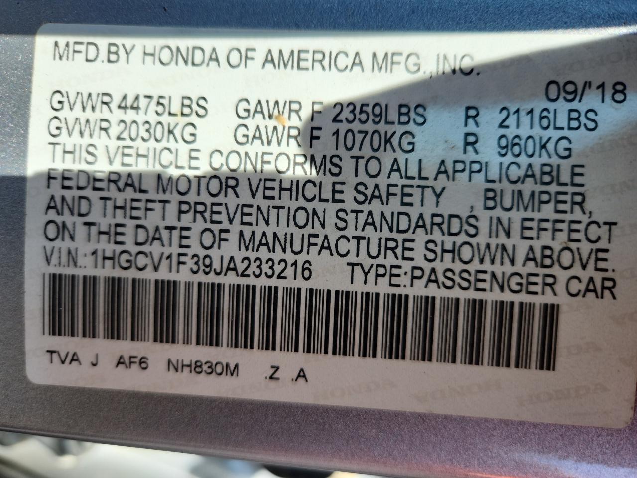 2018 Honda Accord Sport VIN: 1HGCV1F39JA233216 Lot: 81511285