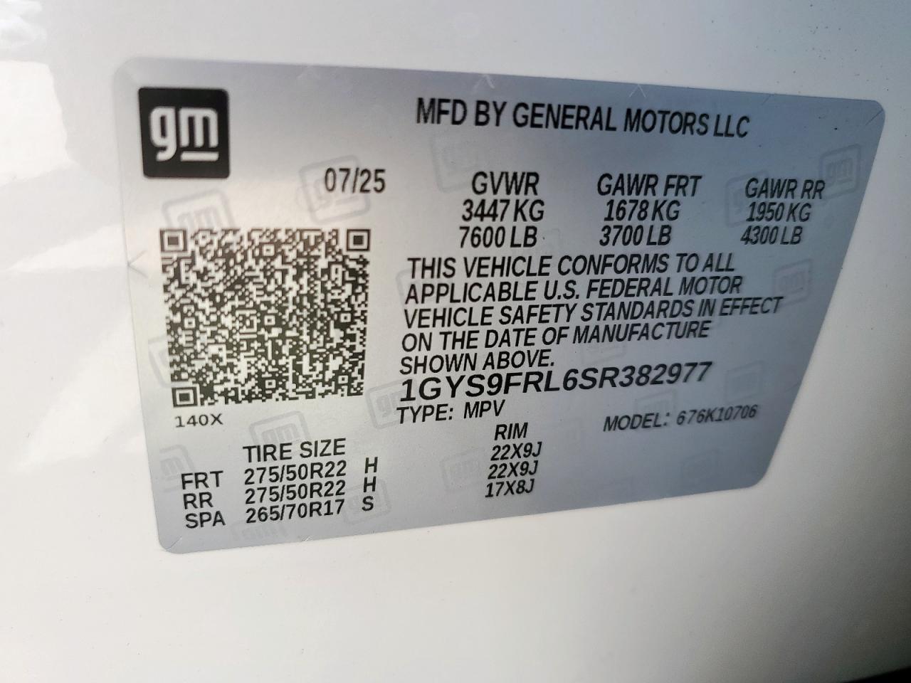 2025 Cadillac Escalade Sport VIN: 1GYS9FRL6SR382977 Lot: 84877575