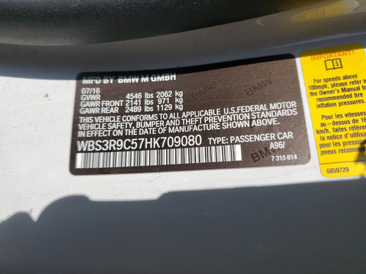 2017 BMW M4 VIN: WBS3R9C57HK709080 Lot: 89512375