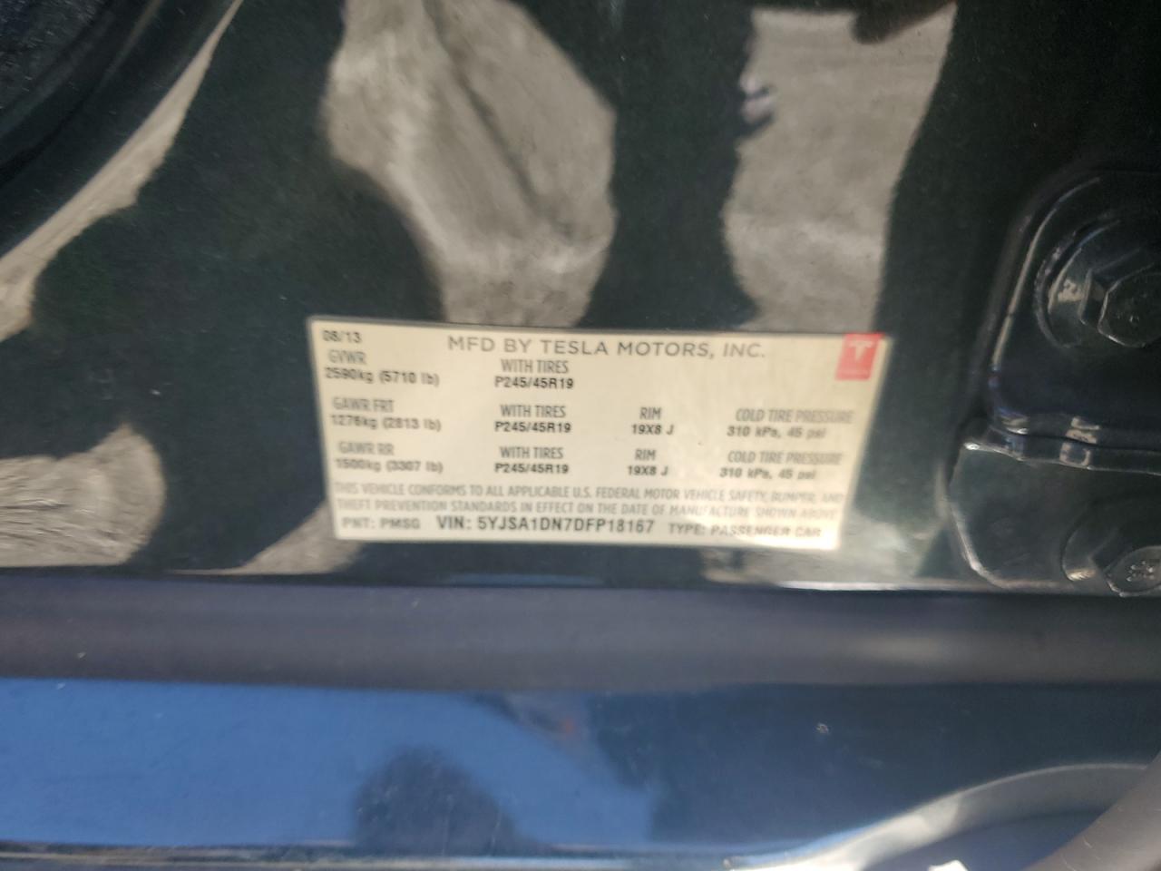 2013 Tesla Model S VIN: 5YJSA1DN7DFP18167 Lot: 87034035