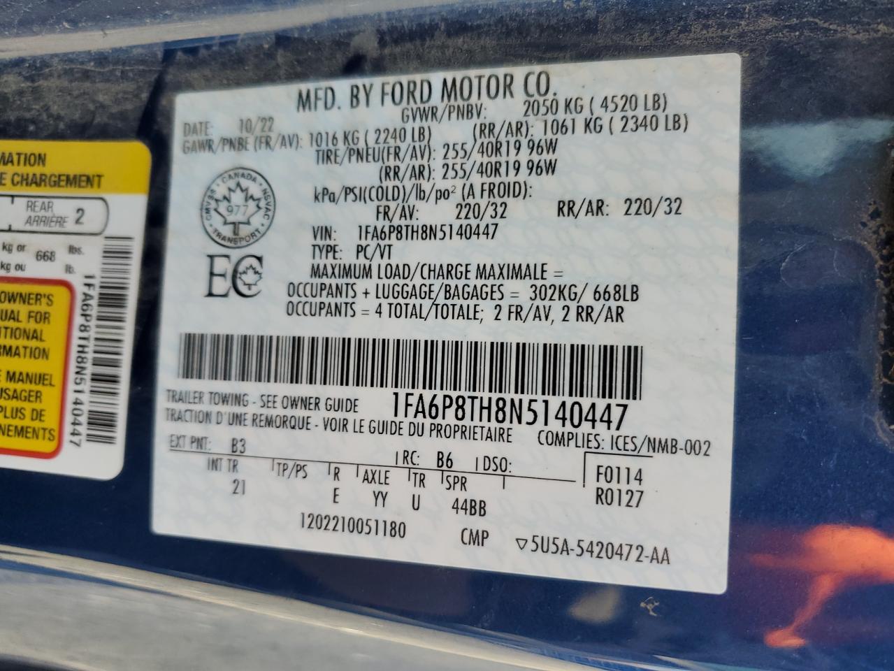 2022 Ford Mustang VIN: 1FA6P8TH8N5140447 Lot: 82593675