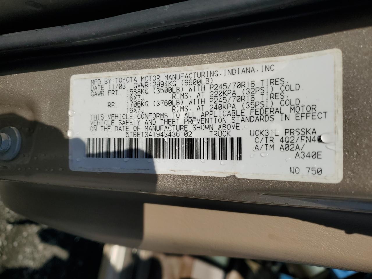 2004 Toyota Tundra Double Cab Sr5 VIN: 5TBET34194S436102 Lot: 84938395